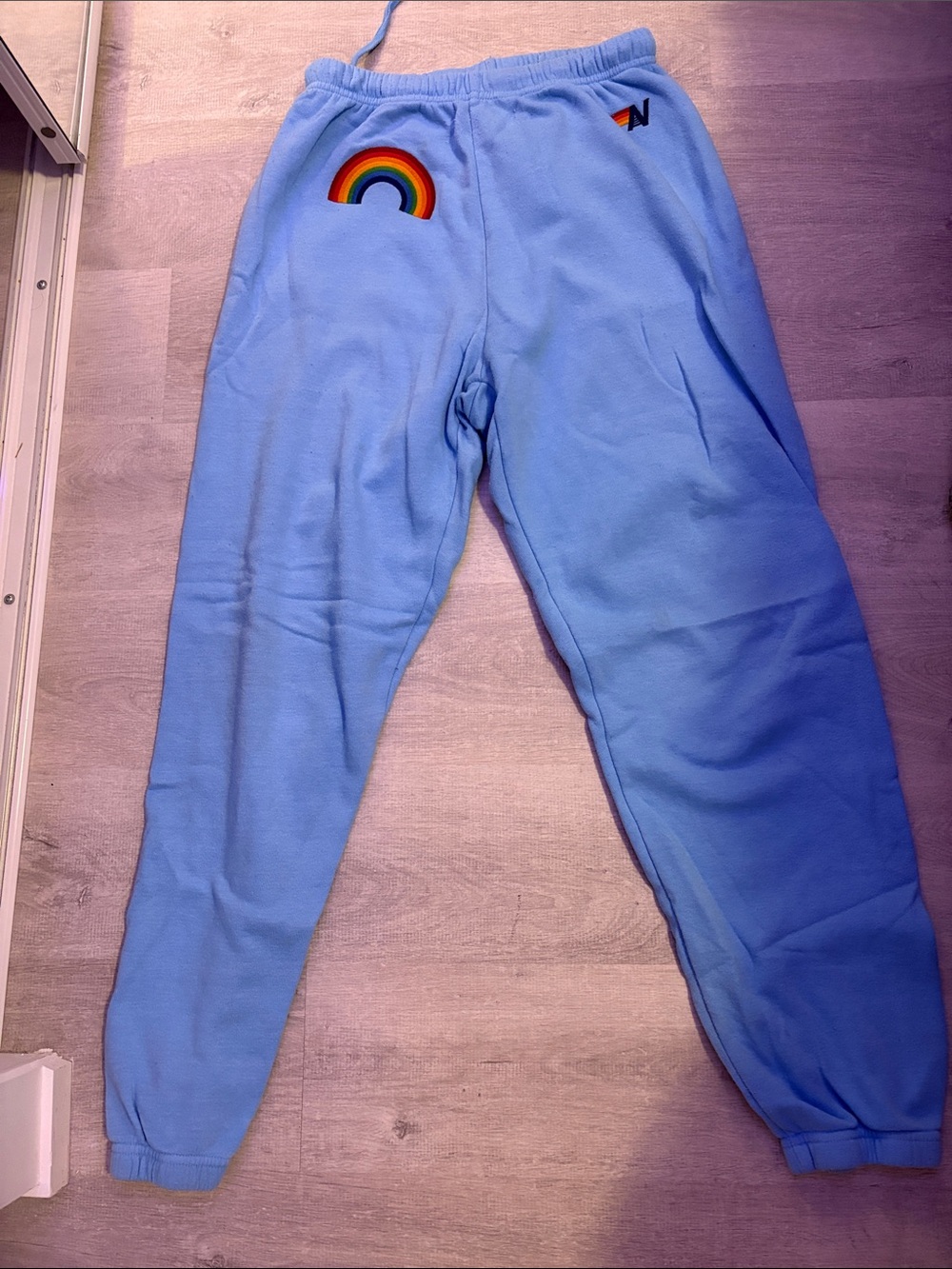 Aviator Nation Light Blue Kids Sweatpants with Rainbow Patch